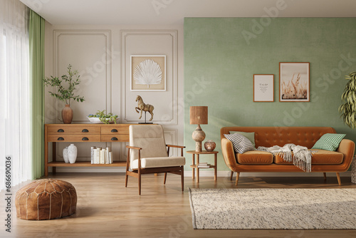 Fototapeta Naklejka Na Ścianę i Meble -  Orange sofa in cozy living room interior with pastel green wall and wood furniture. Wall mockup, 3d rendering 
