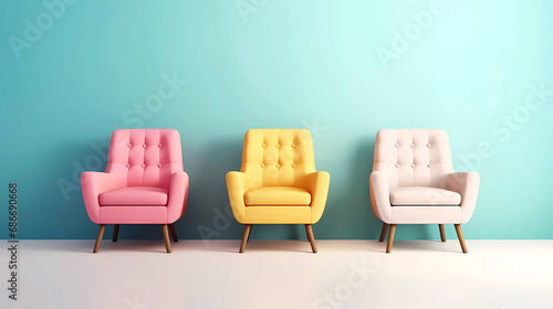 Three colorful retro arm chairs in a row with a mint background. Vintage fabric chairs front facing isolated against a wall with copy space.