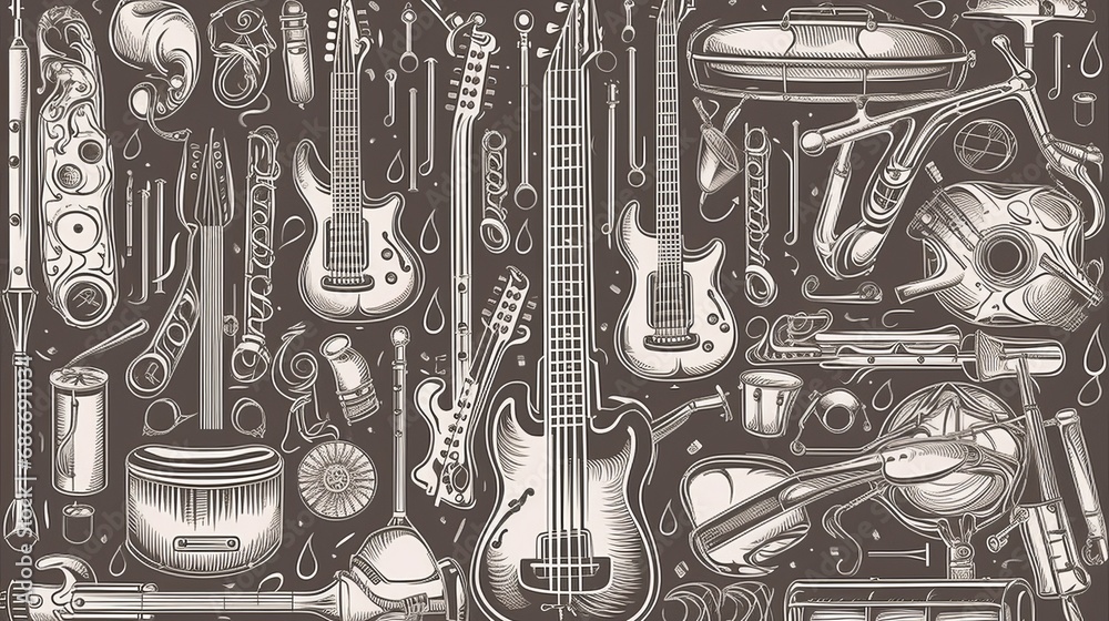Fototapeta premium Pattern of different musical instruments illustration in line art style