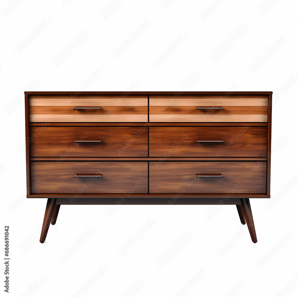 Mid-century solid wood console isolated on a white background. front facing multi-wood tone retro credenza furniture Mid-century solid wood console isolated on a white background. front facing multi-wood tone retro credenza furniture