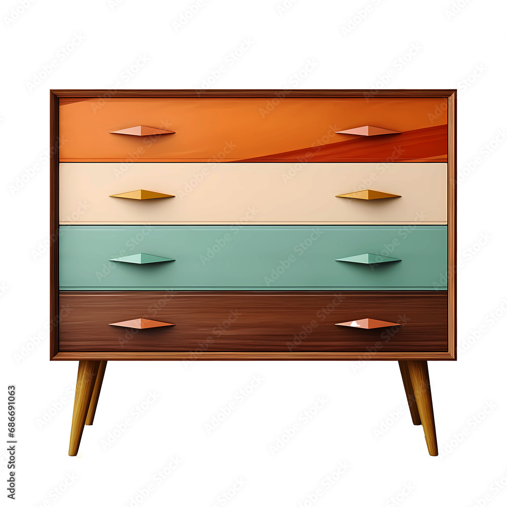 Mid-century solid wood console isolated on a white background. colorful front facing multi-tone retro credenza furniture Mid-century solid wood console isolated on a white background. colorful front facing multi-tone retro credenza furniture