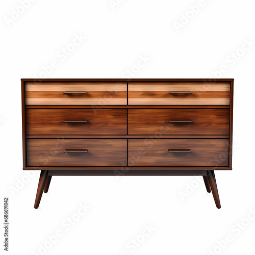 Mid-century solid wood console isolated on a white background. front facing multi-wood tone retro credenza furniture