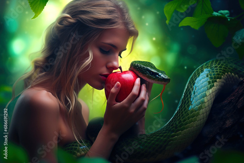 The first biblical woman Eve with a green snake and a red apple in the Garden of Eden