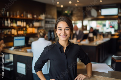 Smiling young saleswoman portrait, attractive cashier serving customers with a friendly demeanor. Generative ai