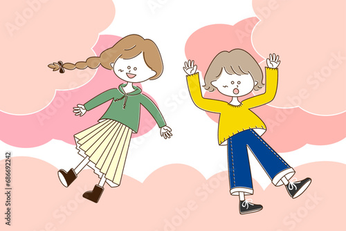 桜の木の下で遊ぶ女の子たち