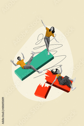 Vertical collage sketch of three people office managers falling down flying air broken block isolated on creative background