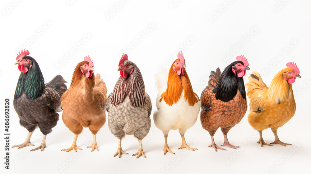 Set of laying hens isolated on white background.
 - obrazy, fototapety, plakaty 