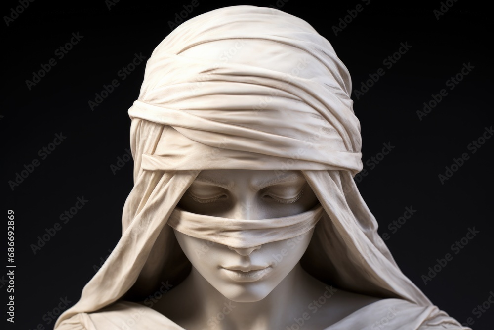 An intricately carved marble bust of a woman draped in a scarf, her stoic expression a testament to the enduring beauty and grace, Renaissance sculpture.