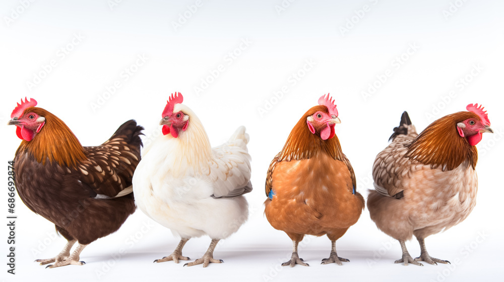 Fototapeta premium Set of laying hens isolated on white background. 