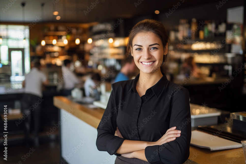Smiling young saleswoman portrait, attractive cashier serving customers with a friendly demeanor. Generative ai Smiling young saleswoman portrait, attractive cashier serving customers with a friendly demeanor. Generative ai