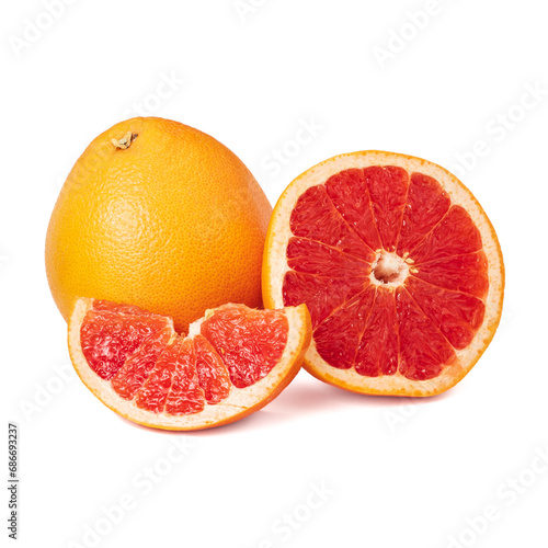 Pink ripe grapefruit slice on white isolated background