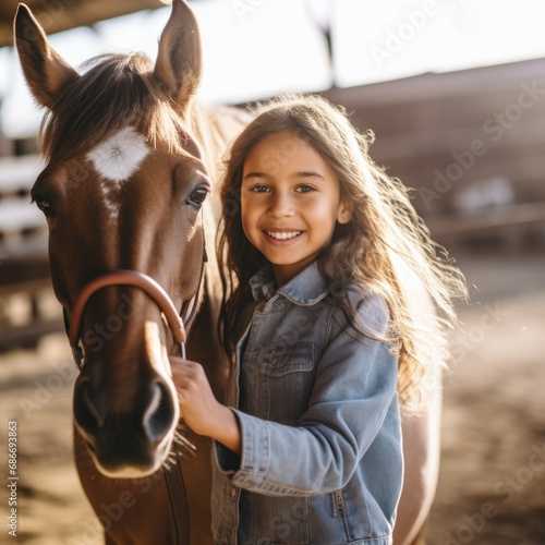 a young girl riding a horse,a photo of a person riding a horse,a horse stable,happy, © banthita166