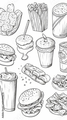 Assorted unhealthy food items, concept of junk food and the pitfalls of poor dietary choices. Pattern Illustration in a line art style, emphasizing the negative impact of deviating from a healthy diet