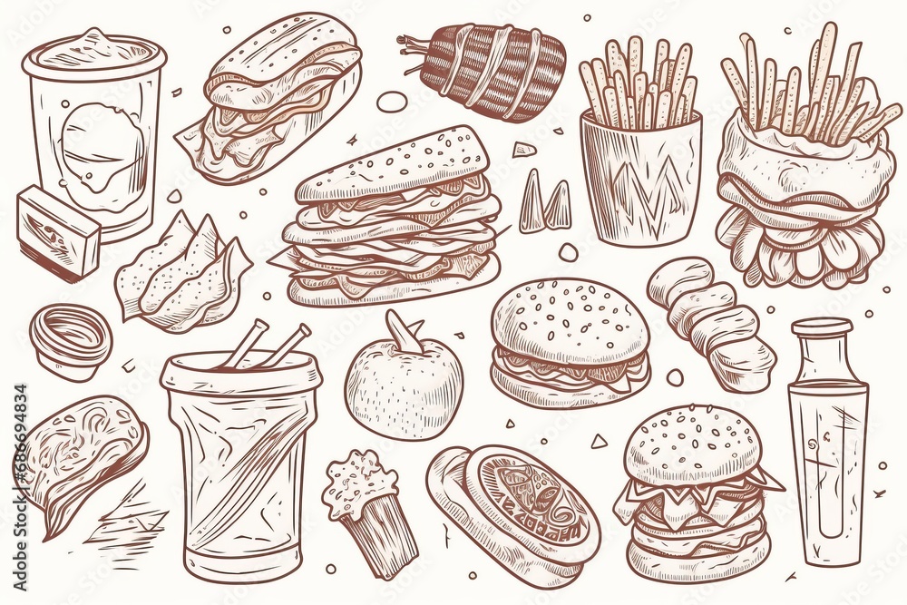 Assorted unhealthy food items, concept of junk food and the pitfalls of poor dietary choices. Pattern Illustration in a line art style, emphasizing the negative impact of deviating from a healthy diet Assorted unhealthy food items, concept of junk food and the pitfalls of poor dietary choices. Pattern Illustration in a line art style, emphasizing the negative impact of deviating from a healthy diet