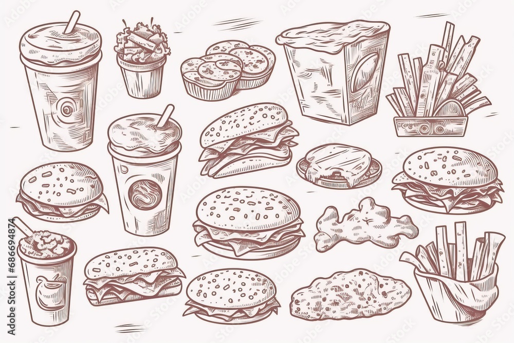 Assorted unhealthy food items, concept of junk food and the pitfalls of poor dietary choices. Pattern Illustration in a line art style, emphasizing the negative impact of deviating from a healthy diet