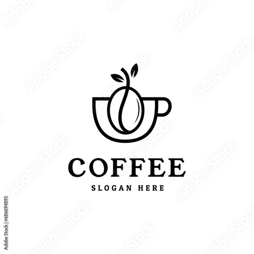 Coffee logo illustration design template. coffee beans with minimal logo vector coffee buds with leaves simple line icon for cafe