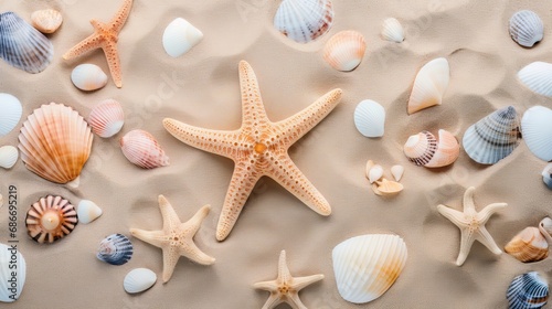 Top view of a sandy beach texture with imprints of exotic seashells and starfish as natural textured background