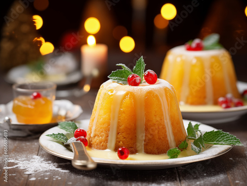 Close-up on a gourmet pastry presentation of comforting and sweet marmalade steamed sponge pudding on a plate in a Christmas table with candle light. Orange and elegant dessert photo