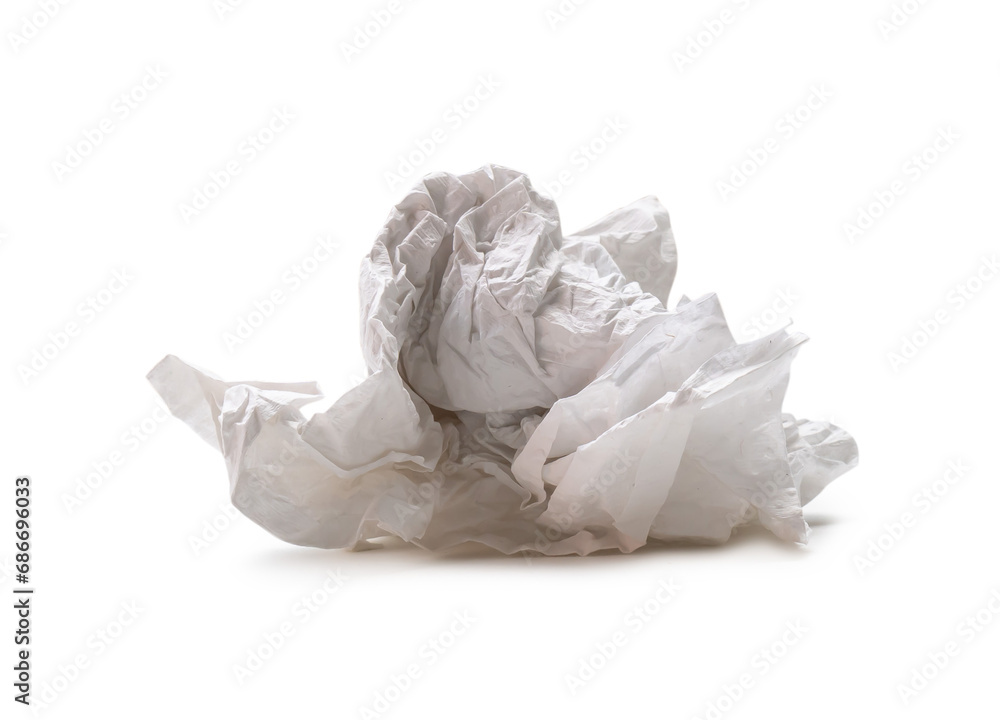 Crumpled tissue paper after use in toilet or restroom isolated on white background with clipping path Crumpled tissue paper after use in toilet or restroom isolated on white background with clipping path