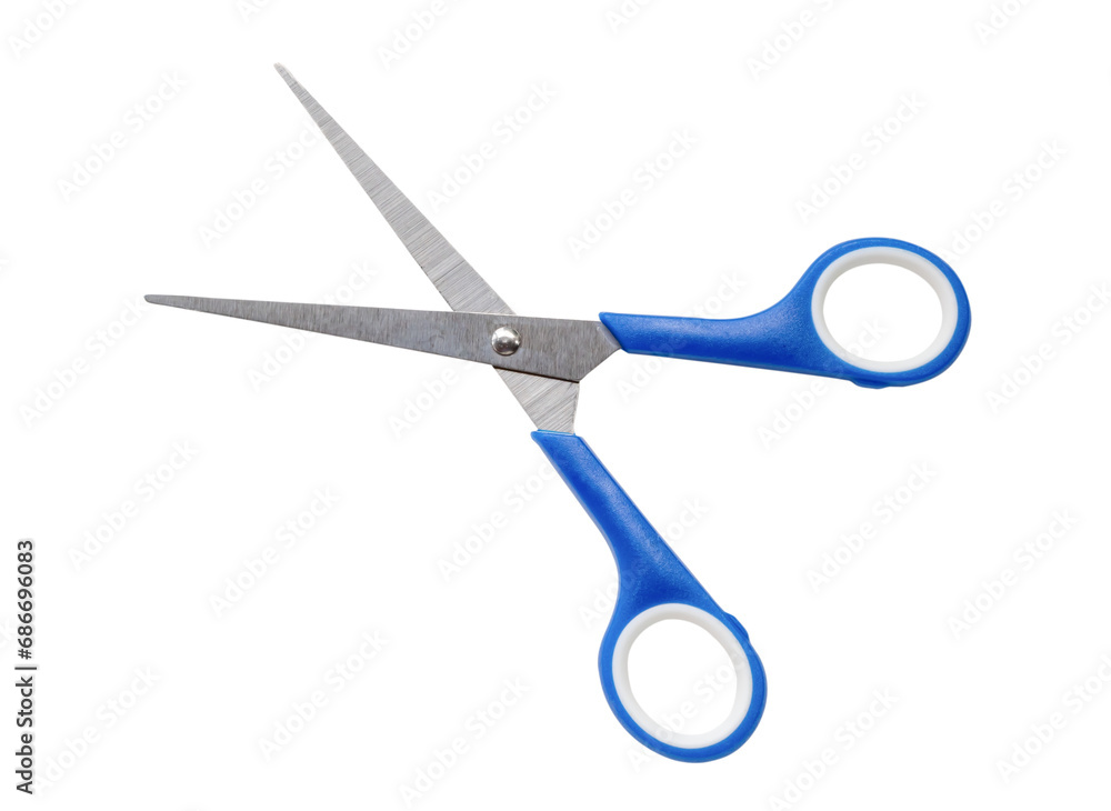 Small multipurpose scissors with blue handle isolated with clipping path in png file format