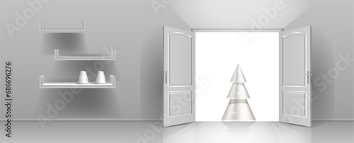The interior of an empty room with an open door and a Christmas tree.
Free space for copying, 3d image.