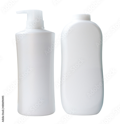 White bottle or container of shampoo and powder isolated on white background with clipping path in png file format