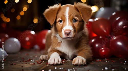 Cute Dog Celebrating Red Pary Hat, Comic background, Background Banner photo