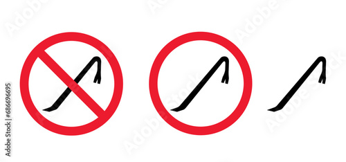 Stop, no wrecking bar. Crowbar or pry bar icon. Pinch bar signboard. do not thief an strike. Set tool for various repairs. House breaker, stealing. Car or home breaking.