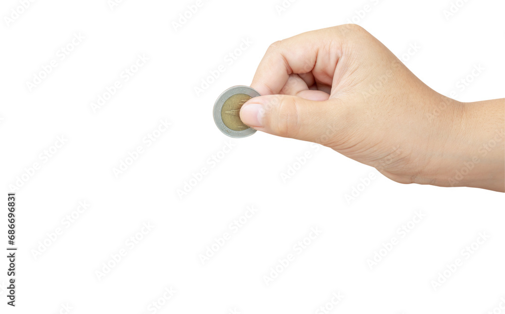 Child or kid hand holding coin isolated with clipping path in png file format. Concept of saving money for the future or money growth Child or kid hand holding coin isolated with clipping path in png file format. Concept of saving money for the future or money growth