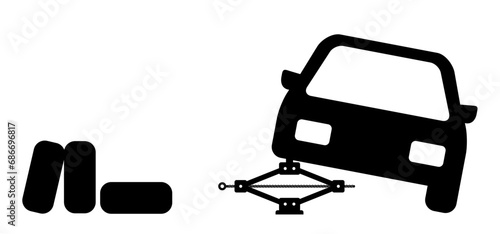 Hydraulic car jack or jack-screw icon. scissor jack shot or jack screw stand sign. Changing tires car lifter. Black floor lift jack logo. jacked the auto, Cars accessories. Repair, service equipment.