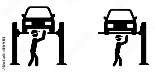 Cartoon car lifting service icon or symbol. Flat vector cars, garage shop tools. Car lift pictogram. Motorcar service or repair service center. Car lifted on auto. Line pattern. Hydraulic car jack