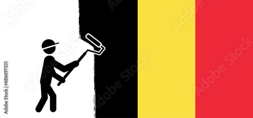 Flag of Belgium with color paint roller. Vector flags. People painting the flag of  belgique with paint rollers. Grunge brush strokes painted national country flag