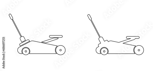 Hydraulic car jack or jack-screw icon. scissor jack shot or jack screw stand sign. drawing car lifter. Black floor lift jack logo. jacked the auto, Cars accessories. Repair, service equipment.