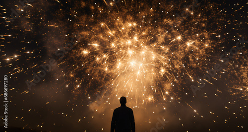 silhouette of a man in front of golden fireworks, black and gold, luxury, parties, celebrations, new year photo