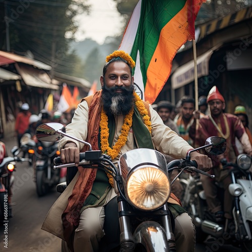 Fotótapéta Middle-aged Indian Man Riding Motorcycle on Republic Day Celebration