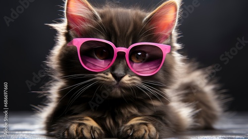 Fashionable Cat Funny Glasses Scarf Sits, Comic background, Background Banner