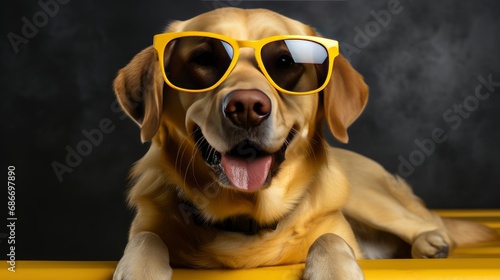 Funny Dog Sunglasses On Yellow Illuminating, Comic background, Background Banner © NIA4u