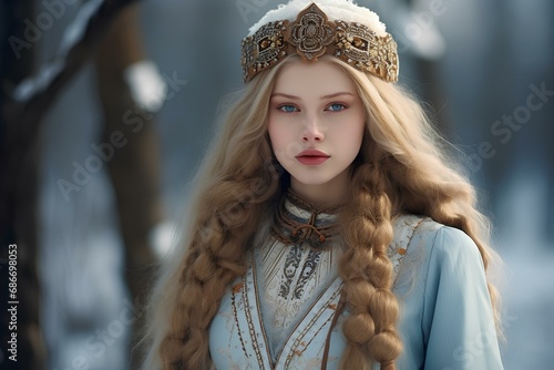 Caucasian albino girl model, long hair, embroidery, kavkazian costume, girl with white eyelashes, light blue eyes, georgian national female costume, north viking style. generative AI photo