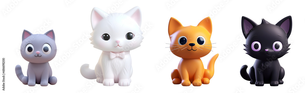 Render style illustration of a set of cute 3D cats: gray cat, orange cat, white cat, and black cat, Isolated on Transparent Background, PNG Render style illustration of a set of cute 3D cats: gray cat, orange cat, white cat, and black cat, Isolated on Transparent Background, PNG