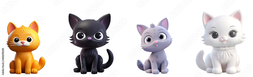 Illustration in render style of a cute set of 3D cats: gray cat, orange cat, white cat, and black cat, Isolated on Transparent Background, PNG Illustration in render style of a cute set of 3D cats: gray cat, orange cat, white cat, and black cat, Isolated on Transparent Background, PNG
