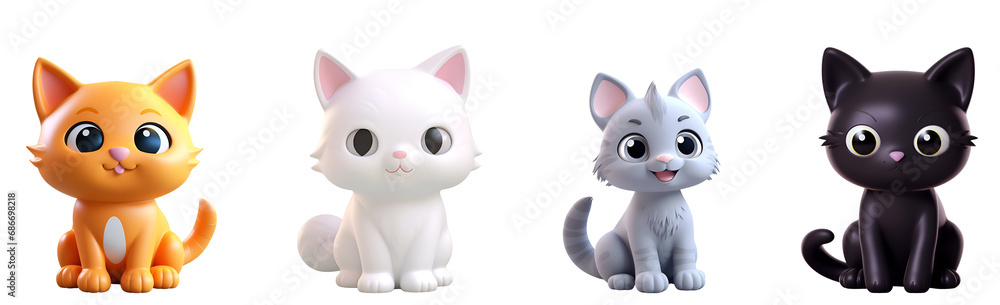 A set of cute 3D cats in render style illustration: gray cat, orange cat, white cat, and black cat, Isolated on Transparent Background, PNG A set of cute 3D cats in render style illustration: gray cat, orange cat, white cat, and black cat, Isolated on Transparent Background, PNG
