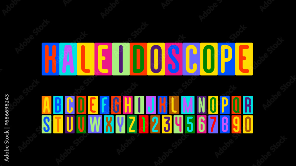 Condensed modern font, rounded narrow alphabet, multi-colored letters and numbers, vector illustration 10EPS