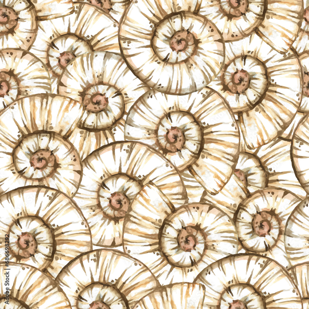Seashell seamless pattern vector design, Watercolor seashell illustration