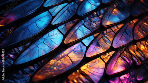 Multi-colored, vibrant abstract texture, wing of psychedelic dragonfly under microscope