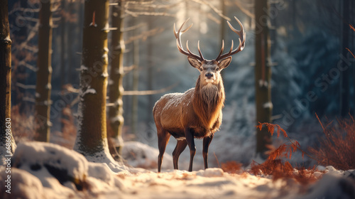 Deer with great antlers in forest, magic winter sunrise