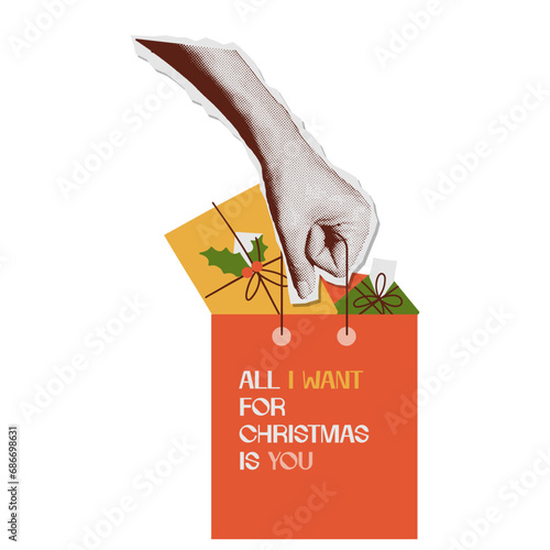 Merry Christmas collage paper sticker. Hand holding gift bag. Colorful halftone mixed media style design.