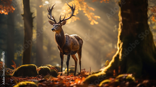 Deer with great antlers in forest, mystical foggy sunrise