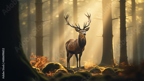 Deer with great antlers in forest  mystical foggy sunrise
