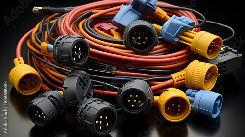 Colorful wire harness and plastic connectors for vehicles, automotive industry, and manufacturing, photo