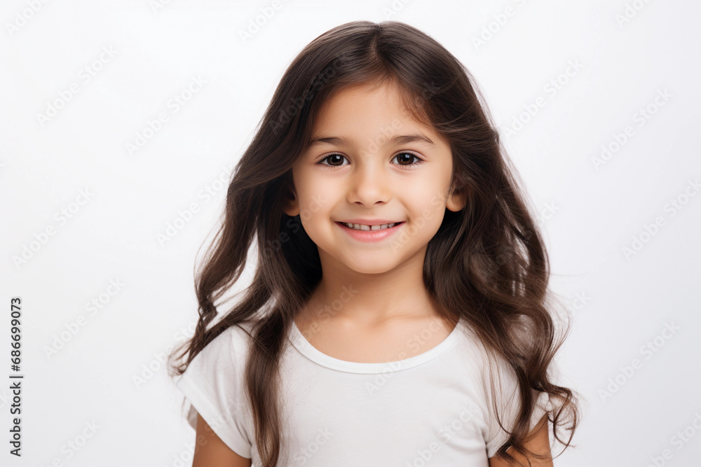 Adorable Girl Kid Smiling with Clean Teeth: Cute Young Girl Portrait on White Background, generative ai Adorable Girl Kid Smiling with Clean Teeth: Cute Young Girl Portrait on White Background, generative ai